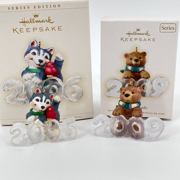 Two ornaments-Hallmark Keepsake 2006 Cool Decade Husky with bird, 2009 Bear, IOB - Picture 1 of 7